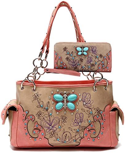 Western Turquoise Butterfly Purse Wallet Set, Concealed Gun Pocket, Plus Keychain (Coral)