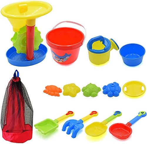 Seprovider Sand Toys - 13 PCS Beach Sand Toy Set with Reusable Mesh Backpack - Sandbox Toys Sand Castle Bucket, Shovel, Rakes, Water Wheels, Sand Shapers, Water Can