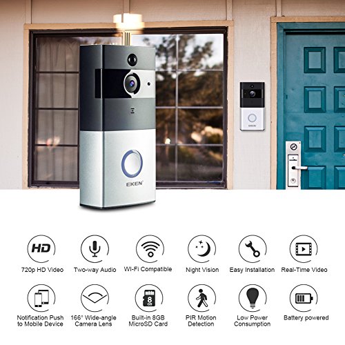 EKEN-Video-Smart-Doorbell-720P-HD-Wifi-Camera-with-8GB-MicroSD-Card-Real-Time-Video-Two-Way-Audio-Wide-angle-Lens-Night-Vision-PIR-Motion-Detection-App-Control-with-18650-Batteries-for-IOS-and-Android