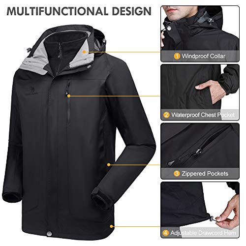 CAMEL CROWN Men's Waterproof Ski Jacket 3in1 Winter Coats Windbreaker Hooded Fleece Inner for
