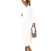 RAISECOM Womens Ribbed Knit Maxi Dresses Long Sleeve V Neck Casual Sweater Dress Bodycon Midi Dress