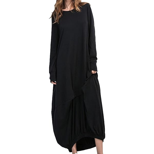 Womens Casual Shirt Dress Puff Sleeve Vintage Peasant Linen Dress Crew Neck  Tiered Baggy Loose Lounge Maxi Dresses Black at Amazon Women's Clothing  store