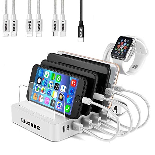 105W COSOOS Charging Station for Multiple Devices,6-Port USB Charger Station with Power Delivery PD & QC3, 7 USB Cable(4 Type),lwatch Stand,for iPhone,USB-C iPad,Laptop,Macbook Pro/Air, Kindle,Samsung