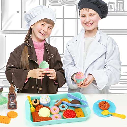 LovesTown Pretend Play Desserts Toy, 29 PCS Kids Desserts Food Toy Set Pretend Tea Party Food Fake Food Toy for Kids Birthday Gift