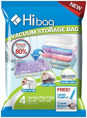 Premium Space Saver Bags, Hibag Pack of 4 Vacuum Compression Bags (Jumbo Plus, Largest Size) with 2 Free Roll Up Bags no Vacuum Needed and 1 Free Hand-Pump, Saving 80% more Storage Space