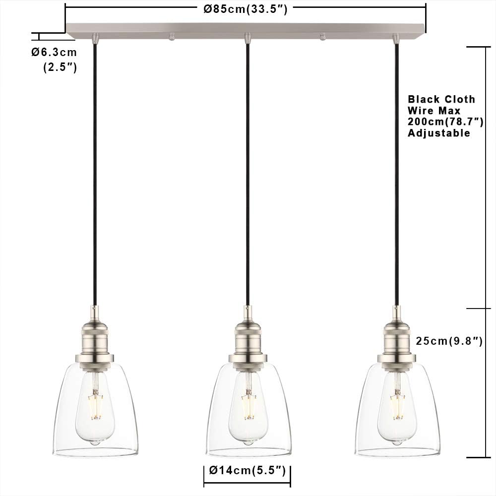 Phansthy Retro 3 Head Chandelier Pendant Light with 2m Adjustable Hanging Cord Bell Glass Shade Ceiling 3 Light Modern Hanging Lamps for Kitchen Bar Bedroom Living Room Dining Room (Brushed) - Image 5