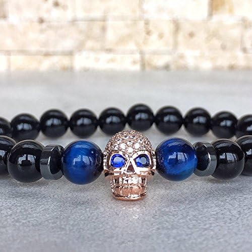 MENS 18K ROSE GOLD PLATED SKULL BLUE TIGER'S EYE BRACELET