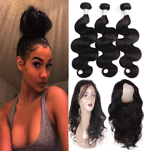 Prom Rosa Hair 360 Lace Frontal with Bundles Malaysian Body Wave Hair Free Part 360 Lace Frontal Closure 8A Virgin Human Hair Extensions Natural Black Color (22 24 26+20)