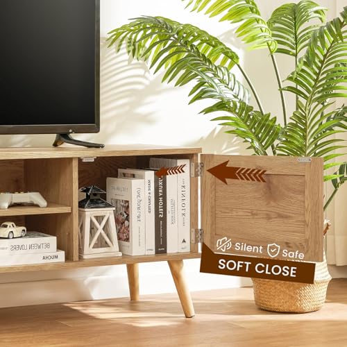 FIONESO Rattan TV Stand for 60 Inch TV, TV Bench, Entertainment Center TV Console with 2 Cabinets & Shelf, Media Console,TV Cabinet for Living Room, Natural+Rattan