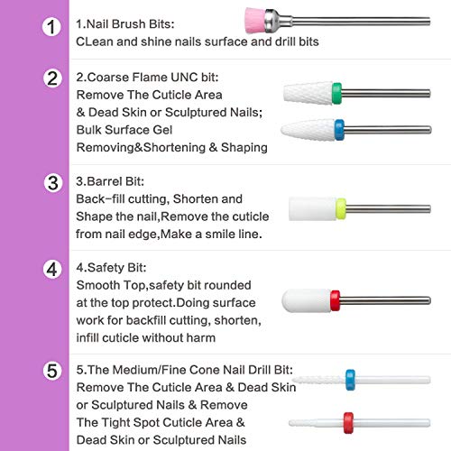 Ceramic Nail Drill Bits Professional Nails File Bit Set 7pcs 3/32 inch for Acrylic Gel Nails Cuticle Manicure Pedicure - Thumbnail 2