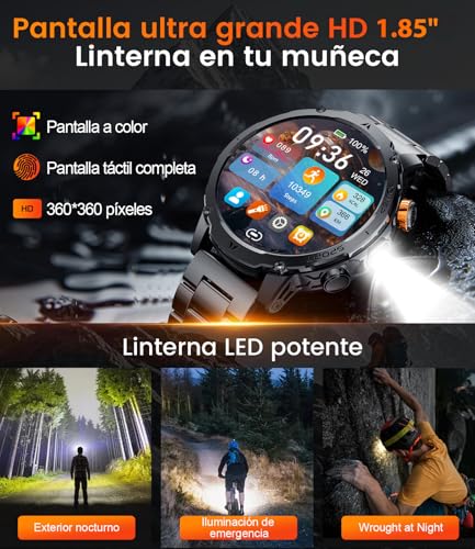 HIRREO EF24 Smartwatch Hombre-Linterna LED, Batería 1000mAh Larga Duración, Pantalla HD 1,85", 100 Modos Deportivos, IP68 Impermeable, Llamadas Bluetooth, 3 Correas, Compatible Android iOS, Negro