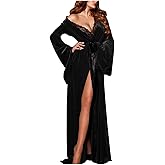 bawilom Women's Long Velvet Robe Soft Cozy Bathrobe Sexy Sleepwear Bride Nightgown Solid Color Long Sleeve Belted Nightwear