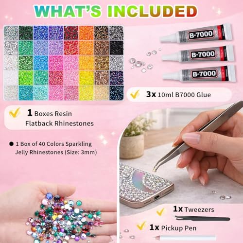 32000Pcs Resin Jelly Rhinestones for Bedazzling, Multicolor 3mm Flatback Gems for Diamond Art, Bedazzler Kit with 3Pcs 10ml B7000 Jewelry Glue for Nail Art Crafting Book Makeup (3mm · 32000PCS)