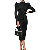 Wenrine Women's Puff Long Sleeve Midi Dress Elegant Mock Neck Tie Waist Back Split Fall Bodycon Party Cocktail Dresses