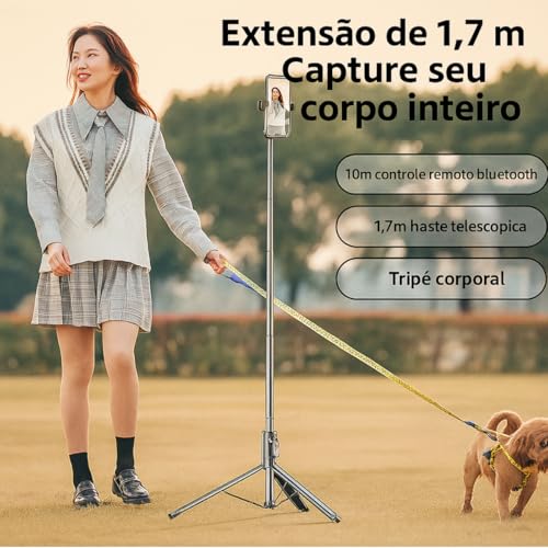 Tripé Bastão de Selfie 3 em 1 – Compacto e Extensível até 1,70 m de Altura, Controle Bluetooth, Rotação 360° – Para Gravações, Reels, TikTok, YouTube, iPhone e Android