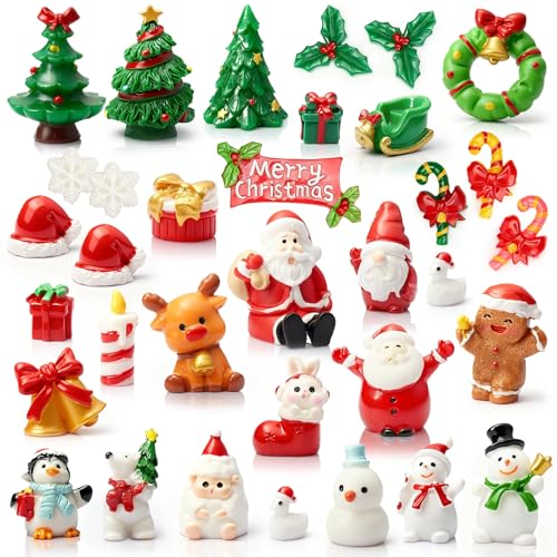 CHAMBERY 32PCS Christmas Figurines Mini Resin Figures to Hide and Seek Santa Claus Snowman Xmas Trees Animals Miniatures for Party Favors Bag Fillers DIY Decorations