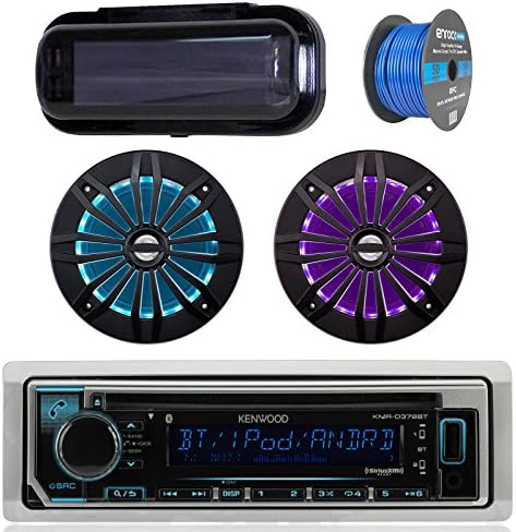 Kenwood Bluetooth Radio CD Receiver In-Dash Marine Boat Audio Bundle with Pair of Enrock 6.5" Stereo Speakers, Stereo Waterproof Cover, 18g 50ft Marine Speaker Wire (Black)