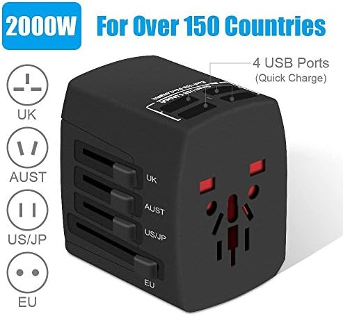 Travel Adapter, 2000W International Power Adapter, All in One Universal Power Adapter with 4 USB 3.0 Ports, for UK, EU, AU, US, Over 150 Countries (Black)