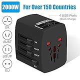 Travel Adapter, 2000W International Power Adapter, All in One Universal Power Adapter with 4 Quick Charge USB 3.0 Ports, for UK, EU, AU, US, Over 150 Countries (Black)