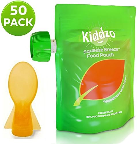 Reusable Food Pouch 6oz (50 Pack) with Spoon - Baby Squeeze Storage Pouches for Homemade and Organic Purees. BPA Free.
