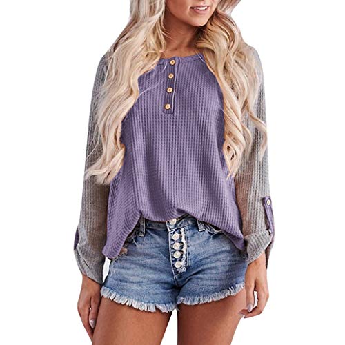 Meikosks Women Long Sleeve Blouses Splice Button Knit Pullover Long Sleeve Cowl Neck Tops T Shirt Purple - Thumbnail 4