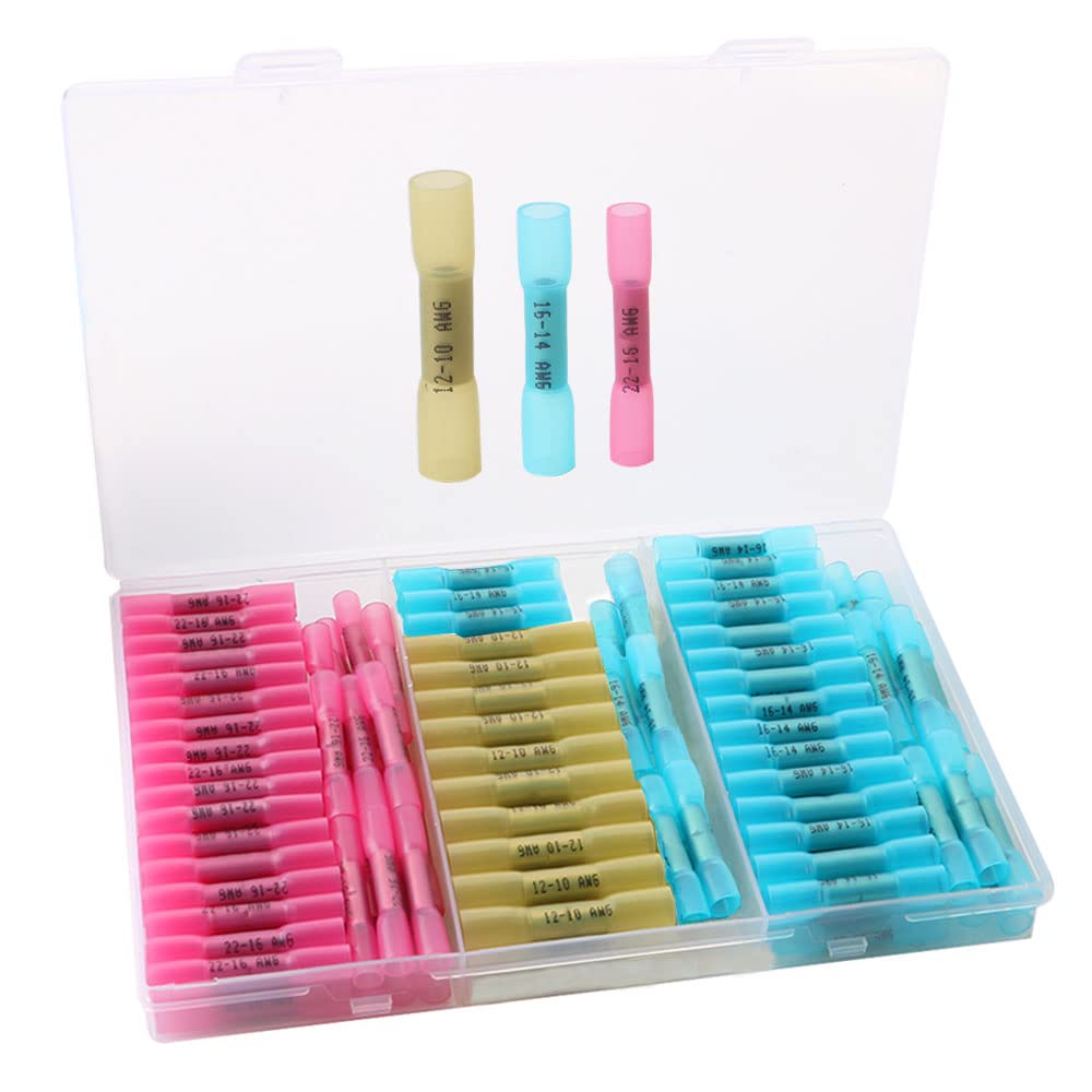 QitinDasen 100Pcs Heat Shrink Butt Connectors, Heat Shrink Wire Connector Butt Terminals Kit, Crimp Connectors Waterproof Insulated Electrical Terminals (50 Red, 40 Blue, 10 Yellow)