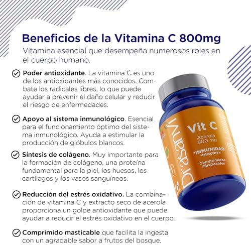VITAMINA C NATURAL MASTICABLE| Potente Antioxidante| Fundamental para la Síntesis de Colageno| Sistema Nervioso| Vitaminas para el cansancio 800 mg| 60 Comp. Masticables = 60 días