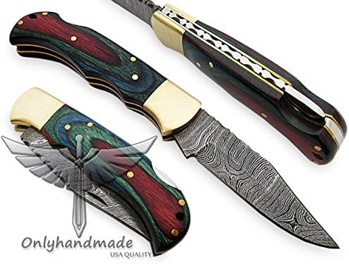 OHM-062 Custom Handmade Damascus Steel Folding Knife - Beautiful Multi colored Wood Handle with Leather sheath. Knife is durable