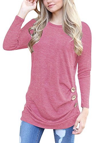 FISOUL Women's Casual Long Sleeve Draped Round Neck Loose Tunic T Shirt Blouse Tops Side Shirring pink1