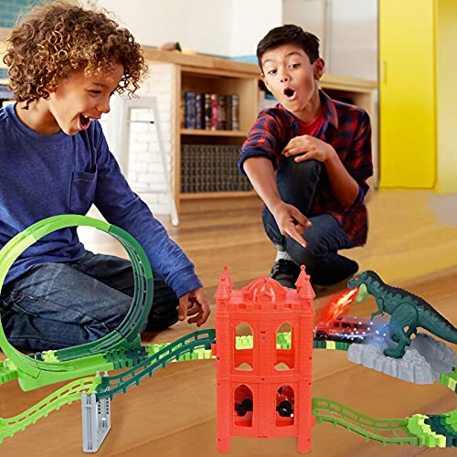 Dinosaur Toys Race Track Set 239 PCS , Flexible Train Tracks with With 1 elevator, 1 spray dinosaur,1 Ferris wheel (360 Degree Rotation),1 Bridge,2 Electric Cars ,Best Gift for kids Boys and Girls
