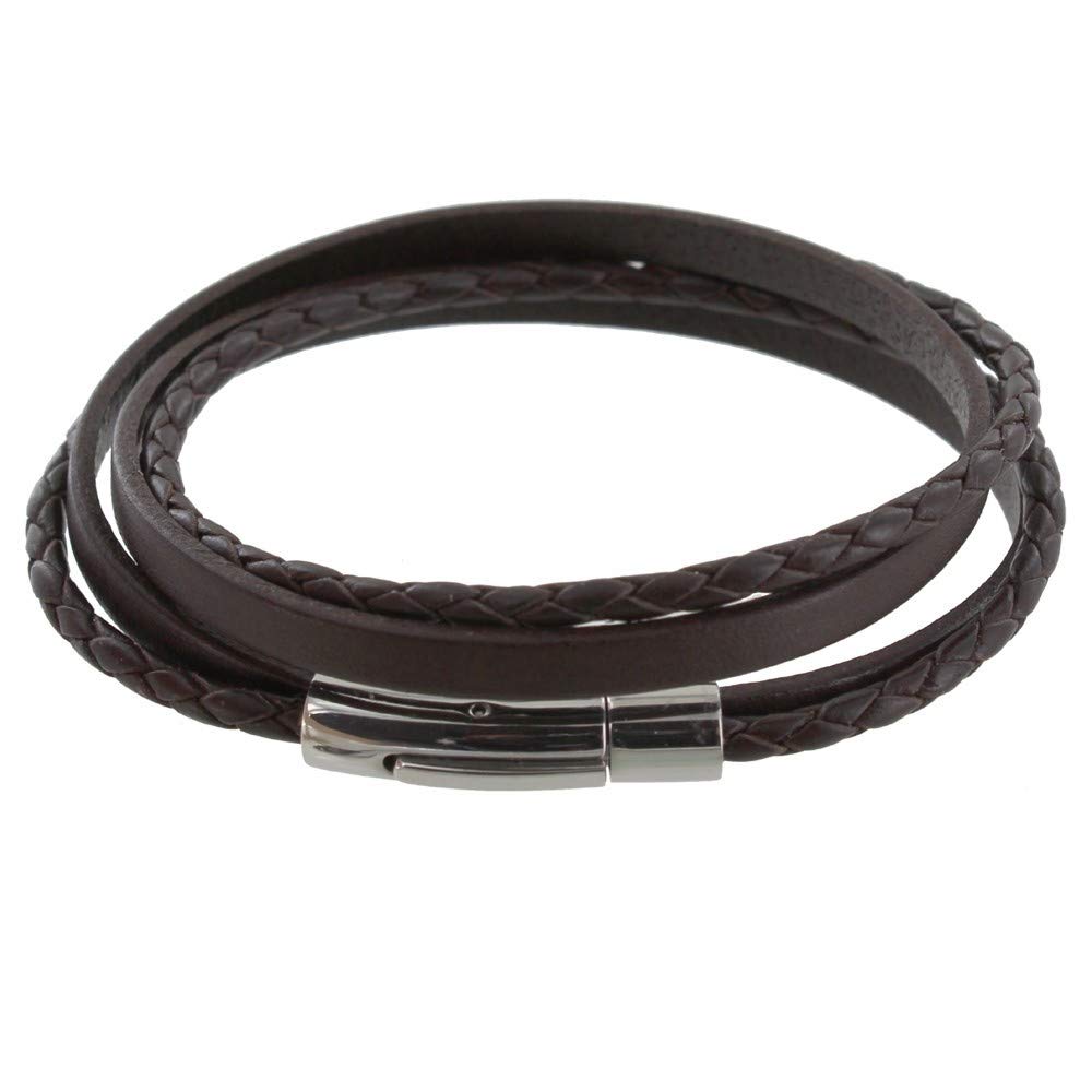 LES POULETTES BIJOUX - Men's Bracelet Two Stripes Leather Flat and Round Braided Stainless Steel Clasp - Classics - Deep Brown โ image 1