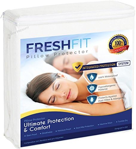 FRESHFIT Premium Bamboo Waterproof Queen Pillow Protector 2 Pack - Hypoallergenic, Breathable & Quiet Zippered Pillow Cover Protection Against Bed Bugs, Dustmites & Fluid Stains (Queen Size)