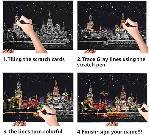 Scratch & Sketch Art Paper for Adults & Kids, Scratch Paper Rainbow Painting Sketch Pads DIY Art Craft Night View Scratchboard with Clean Brush,Scratch Coloring Pen,16 X 11.2 Inches (Budapest) - Thumbnail 7