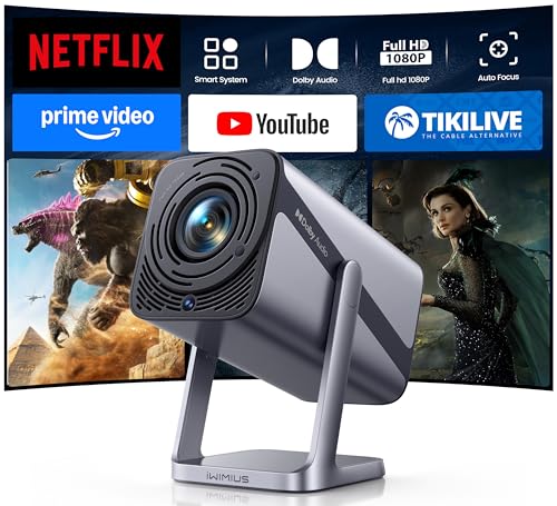 [Built-in Apps & 4K Support & Auto Focus]- Smart Projector with WiFi 6 and 2-Way Bluetooth, Dolby Audio/ Auto Keystone/Zoom,360°Adjustable Stand, iWIMIUS Mini Portable Outdoor Proyector w/ HDMI ARC