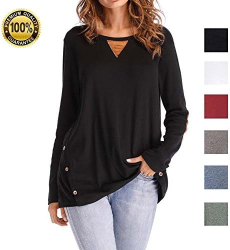 LOVEJIE Women's Soft Long Sleeve Tops Casual Blouse Crew Neck T-Shirt With Faux Suede and Button Details (Black, Large)