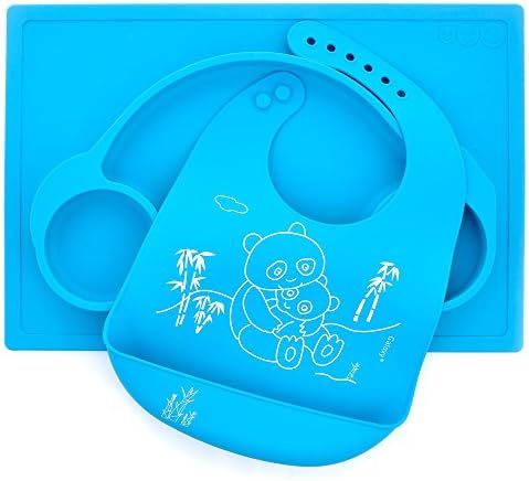 Set Silicone Car Placemat and Matching Mommy and Baby Panda Bib Kids Babies Toddlers Meal Plate (Blue)