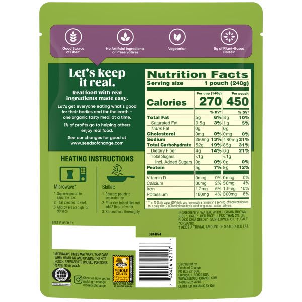 SEEDS OF CHANGE ORGANIC BROWN & RED RICE WITH CHIA AND KALE, MICROWAVEABLE READY TO HEAT, 8.5 OUNCES