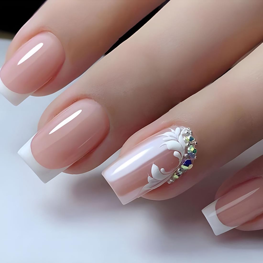 Cubahop 24pcs French Medium Square Pink Flower Crystal Rhinestone False Nail Acrylic Art Gradient Love Glitter Fake Nails Stick on Nails for Women and Girls (A) — image 1