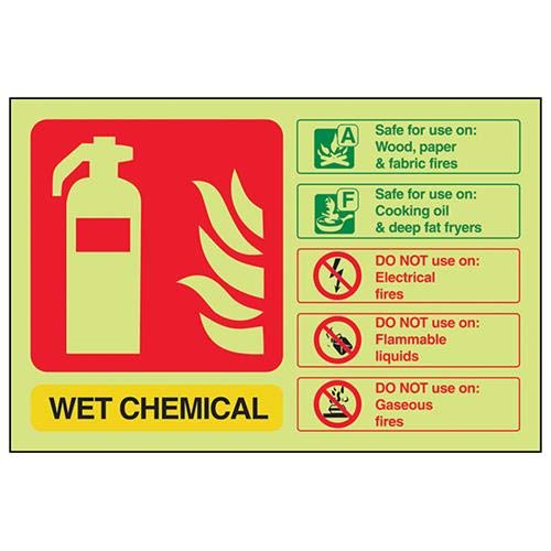 VSafety Glow In The Dark Wet Chemical Id Fire Extinguisher Sign - 200mm x 150mm - Self Adhesive Vinyl