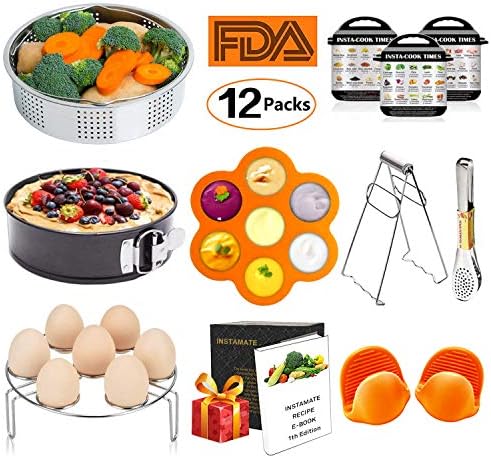 12 Pcs Instant Pot Accessories Set Compatible with 6 8 Qt, Pressure Cooker Accessories with Steamer Basket, Cake Pan, Rack, Egg Bites Mold, Magnets, Bowl Clip, Tongs, Gloves, Ebook (orange)