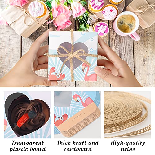 VGOODALL 14 PCS Summer Style Bakery Boxes Cupcake Containers with Window Cupcake Gift Boxes, 18M Linen Ribbon for Bakery Wrapping Party Favor Packing