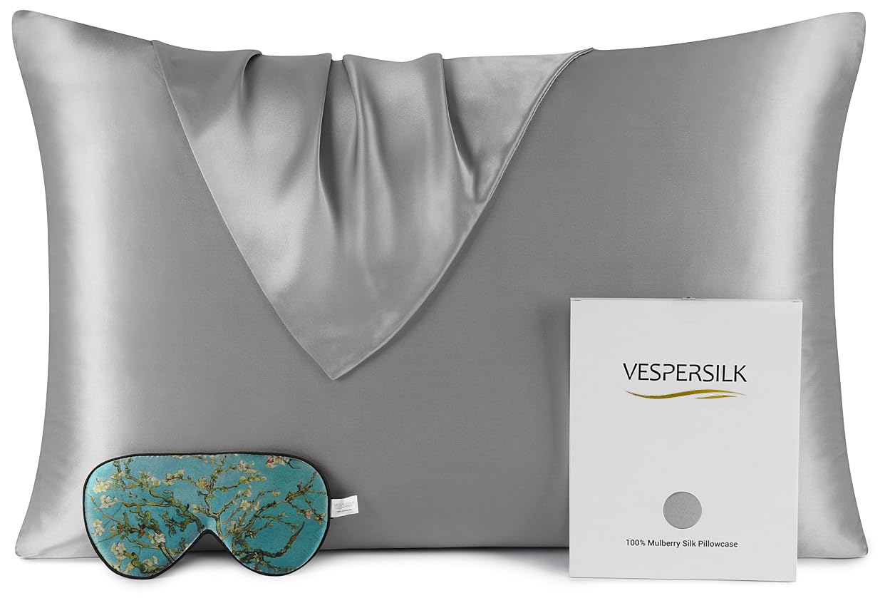 Vespersilk 100% Mulberry Silk Pillowcase & Eye Mask Set for Hair and Skin Health, 19 Momme Grade 6A Organic Silk Both Sides, with Hidden Zipper (Standard 50x75cm, Grey)