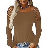 Cicy Bell Women's Long Sleeve Cold Shoulder Tops Plain Hollow Out Boat Neck Casual Blouses Shirts