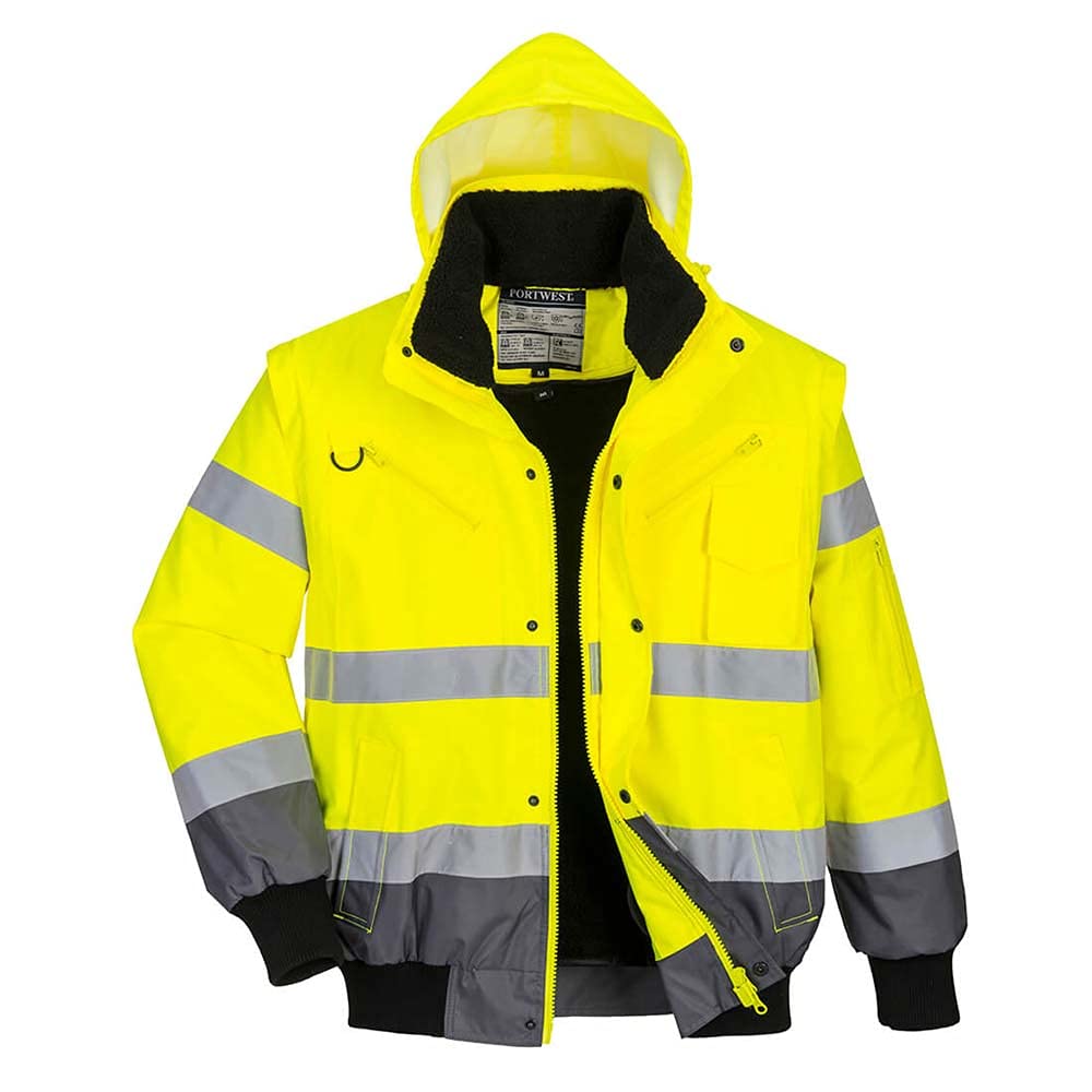 Portwest C465 Hi-Vis 3-in-1 Waterproof Contrast Hooded Bomber Jacket with Pockets - Reflective Outdoor Safety Security Workwear Coat, Yellow/Grey, L
