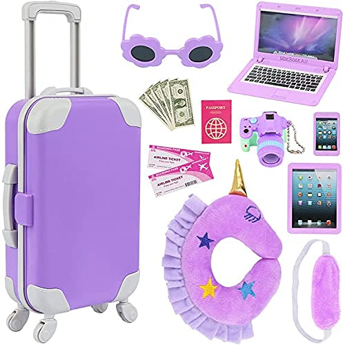 ZITA ELEMENT 16 pcs Doll Accessories Suitcase Travel Luggage for 18 Inch Carrier,Sunglasses Camera Computer Phone Pad Pillow Blindfold Passport Tickets Cashes(Doll Is Not Included)