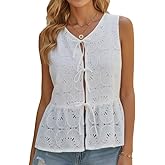 Remidoo Womens Tie Front Peplum Tank Top Eyelet Embroidered Boho Sleeveless Blouse