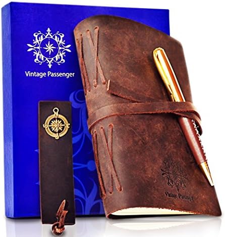 LEATHER JOURNAL - GIFT SET Handmade Notebook With Leather Bookmark, Elegant Pen and Box - VINTAGE Travel Diary For Writing, Taking Notes, Sketching, Drawing, Planning, Men, Women, 5 x 7"