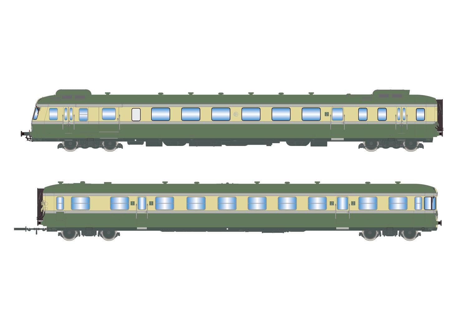Jouef HJ2420 SNCF, diesel railcar RGP II X 2712 + trailer XR 7714, green/beige livery, with smoke shields, with logo, ep. III-IV 1:87 Scale HO Gauge
