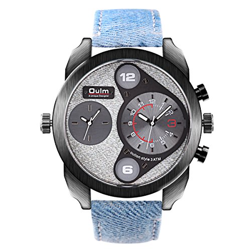 OULM Men s Sport Casual Quartz Wrist Watch Denim Strap Oversize Round Dial Dual Time Zone Sub Dial
