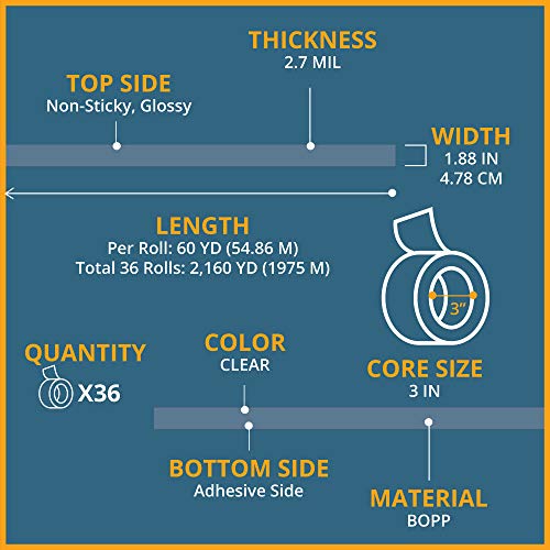 36 Clear Packing Tape Rolls - 1.88 Inch x 60 Yards, 2.7mil Thick, Heavy Duty Packaging Tape Refill Rolls
